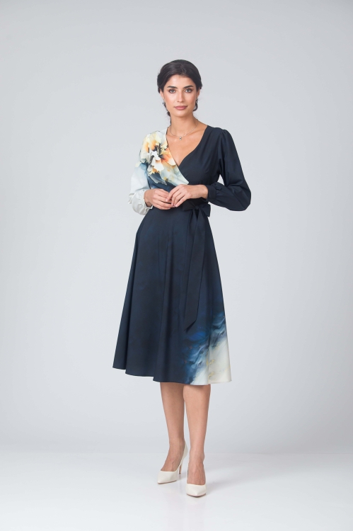 Rochie bleumarin in degrade eleganta cu maneca lunga imprimata floral - Img 1