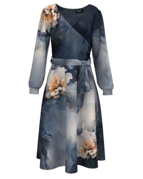 Rochie bleumarin in degrade eleganta cu maneca lunga imprimata floral