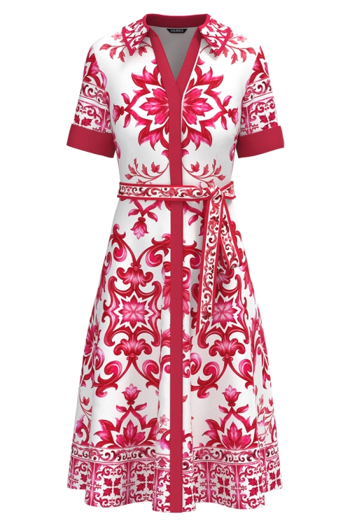 Rochie camasa din in cu imprimeu rosu cu buzunare