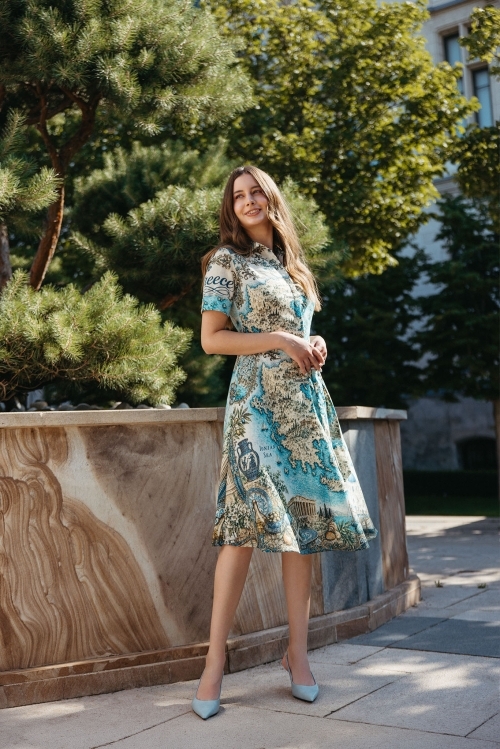 Rochie camasa din in cu maneca scurta imprimata Cartoline Grecia