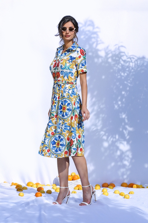 Rochie camasa din in cu maneca scurta imprimata cu model floral multicolor - Img 2