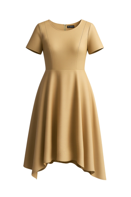 Rochie cappuccino clos asimetrica din bumbac satinat cu buzunare