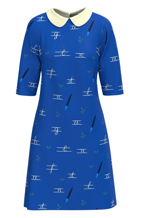 Rochie casual albastra cu guler imprimata Ziua Educatiei
