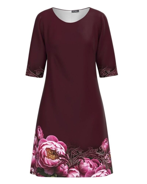 Rochie casual bordo imprimata cu model Bujori CMD3647 - Img 1