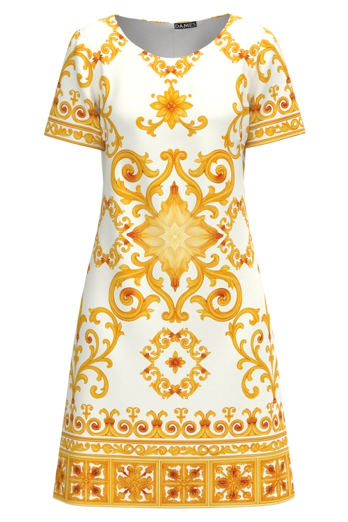 Rochie casual de vara cu imprimeu floral oriental galben