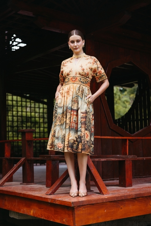 Rochie casual din in cu guler tunica Cartoline Japonia - Img 2