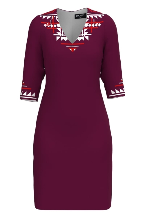 Rochie casual grena cu decolteu in V imprimata traditional Stoc