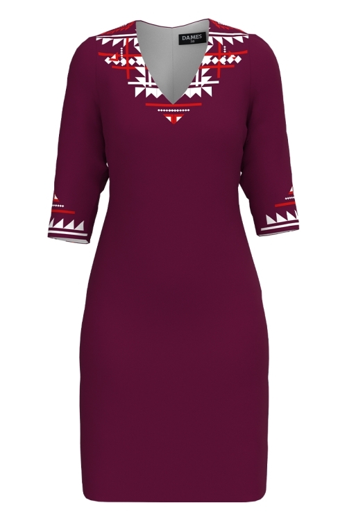 Rochie casual grena cu decolteu in V imprimata traditional