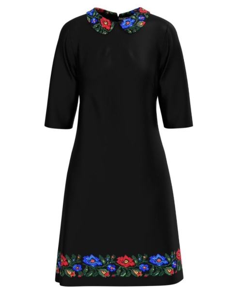 Rochie casual neagra cu guler imprimata floral traditional