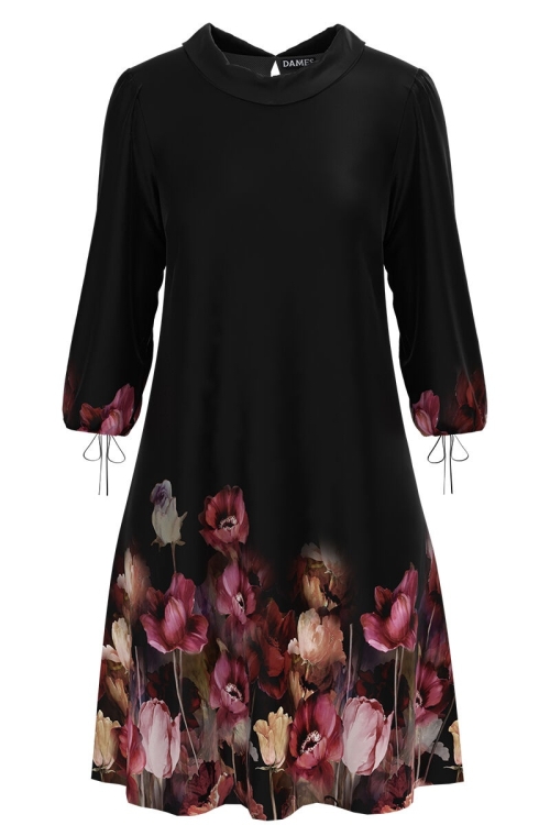 Rochie casual neagra cu maneca trei sferturi si imprimeu floral CMD1289 - Img 2