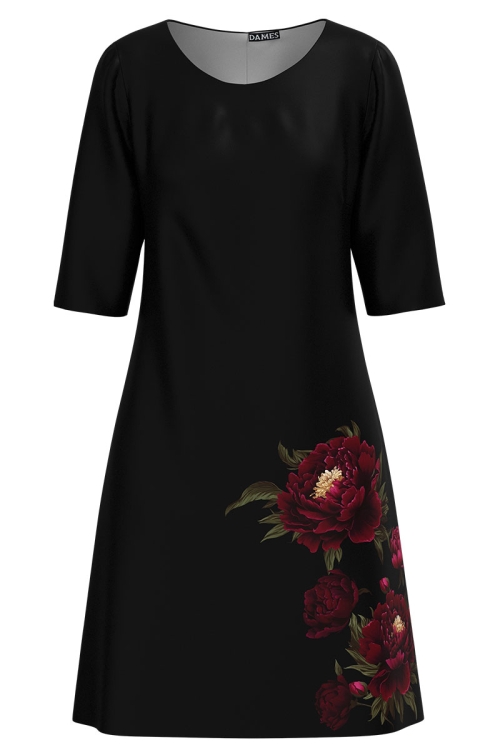 Rochie casual neagra imprimata bujori