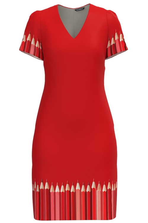 Rochie casual rosie cu decolteu in V imprimata Creioane colorate