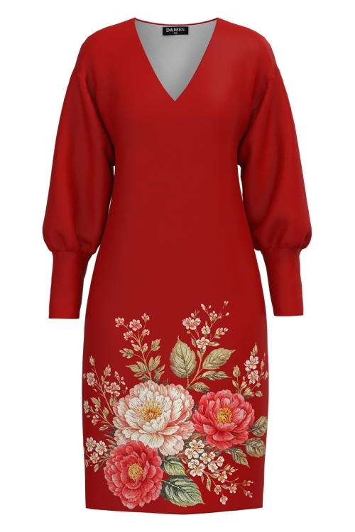 Rochie casual rosu corai din catifea imprimata floral
