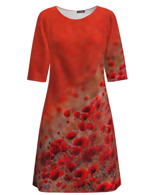 Rochie casual rosu corai imprimata maci CMD1375 - Img 1