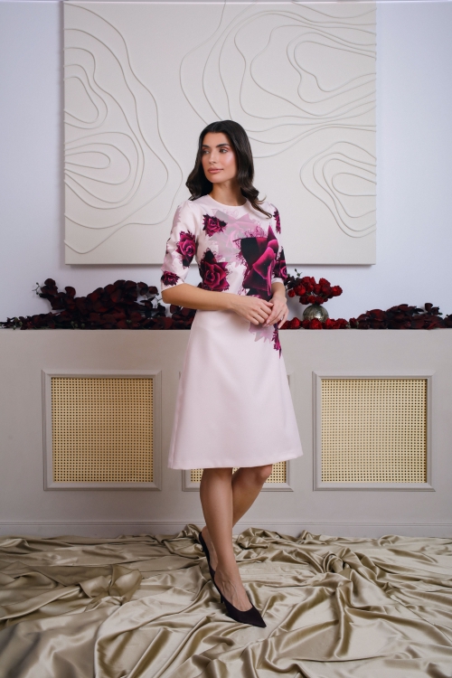 Rochie casual roz pudra imprimata trandafiri SS25 - Img 3