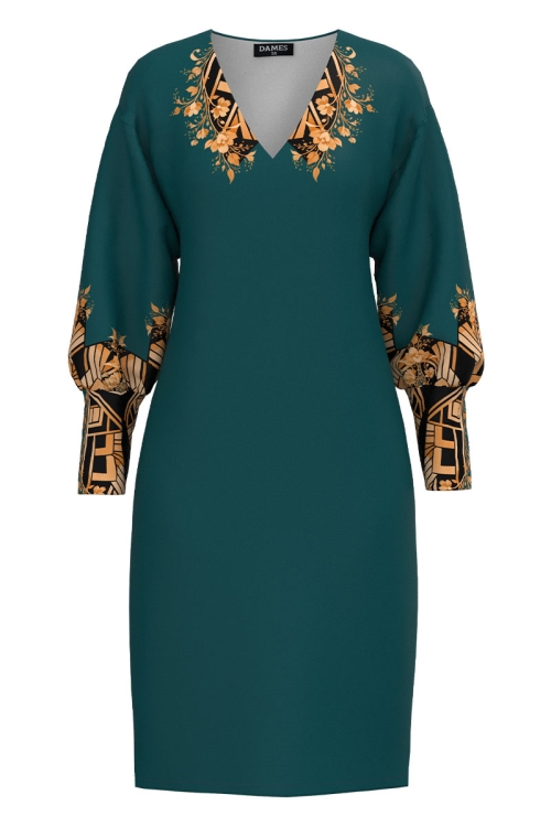 Rochie casual verde marin din catifea cu imprimeu floral