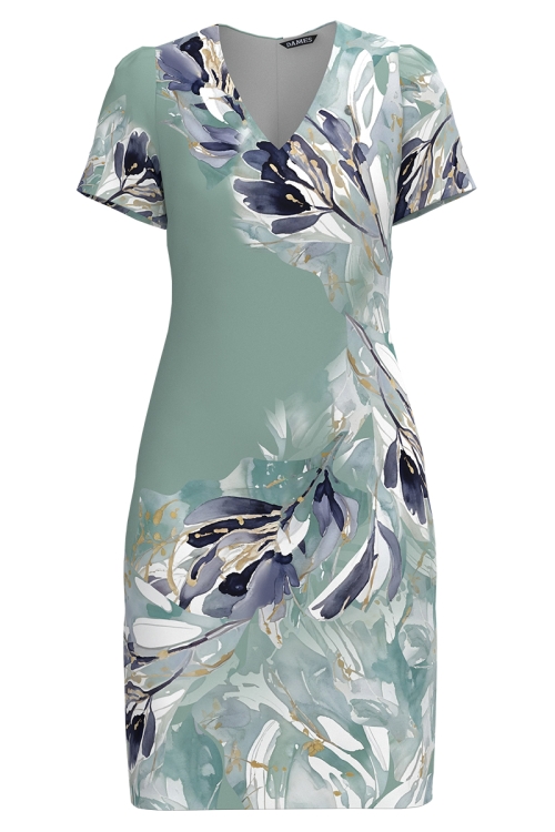 Rochie casual verde menta cu decolteu in V imprimata floral