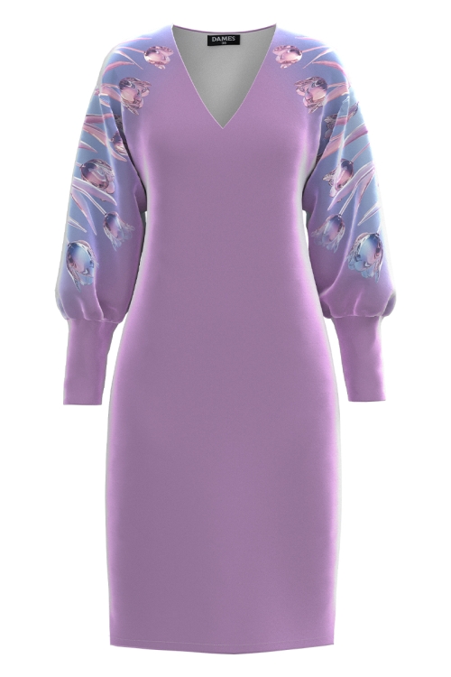 Rochie casual violet din catifea imprimata lalele de cristal SS25