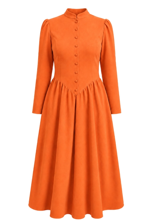 Rochie clos oranj cu maneca lunga si guler tunica