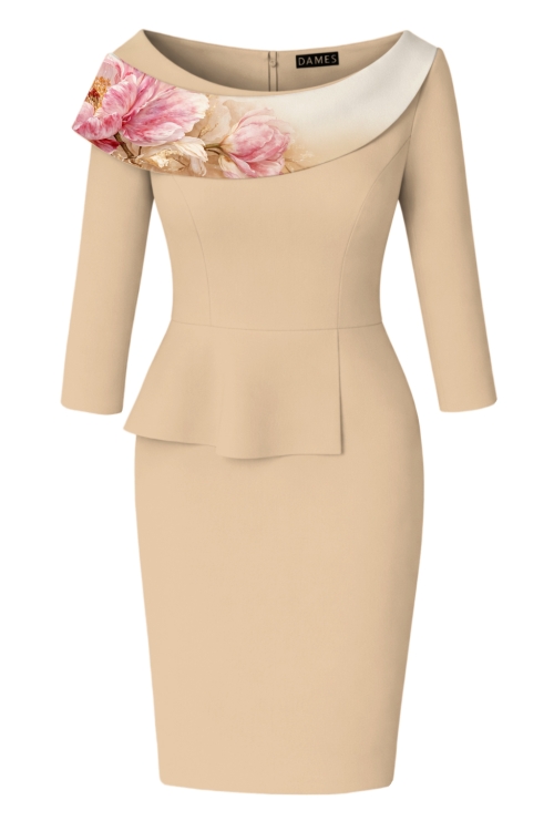 Rochie conica bej cu volan si detaliu floral