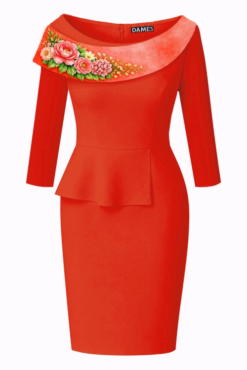 Rochie conica corai cu volan si detaliu floral