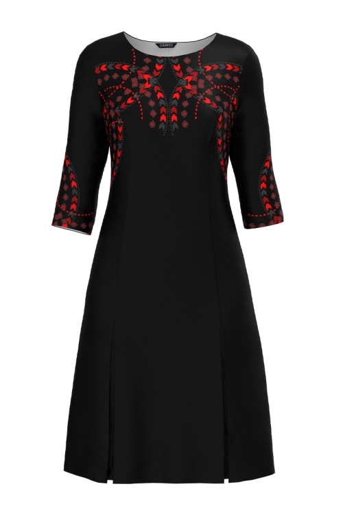 Rochie cu pliuri neagra imprimata traditional
