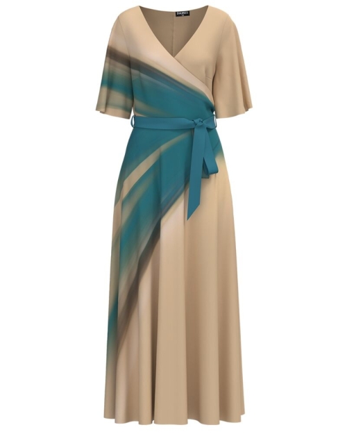 Rochie de seara lunga bej imprimata digital cu model asimetric CMD1030 - Img 1