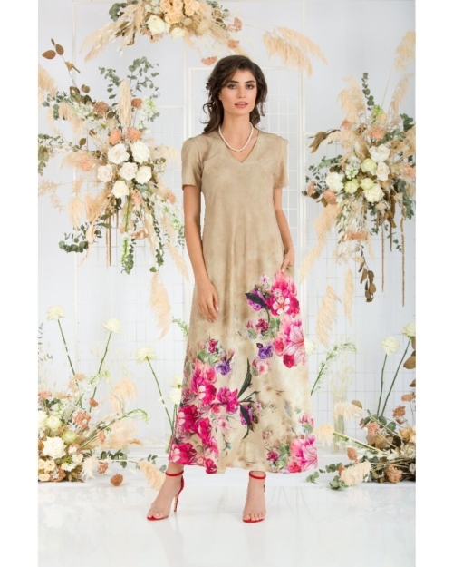 Rochie de vara bej lunga cu buzunare imprimata digital Floral CMD723 - Img 1