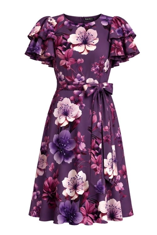 Rochie de vara cu volane la maneci si imprimeu floral mov
