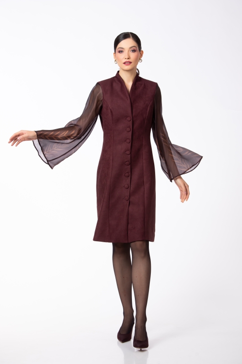 Rochie din catifea reiata cu maneci din organza imprimata