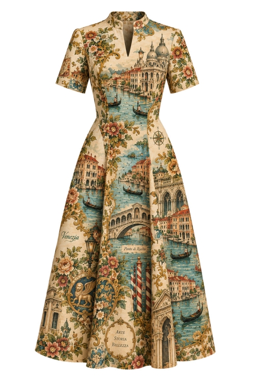 Rochie din in clos cu guler inalt si decolteu in V Cartoline Venezia