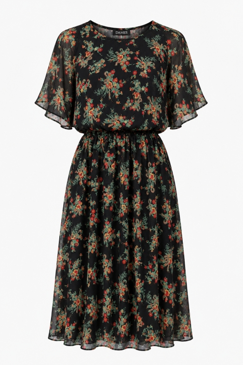 Rochie din voal cu maneca scurta neagra cu imprimeu floral