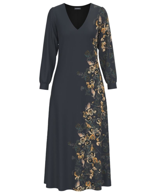 Rochie eleganta antracit cu maneca lunga si imprimeu Floral CMD1344 - Img 1
