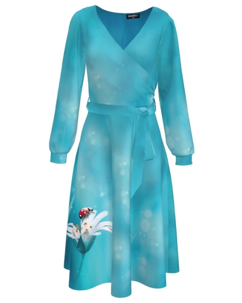 Rochie eleganta bleu cu maneca lunga imprimata Buburuza CMD2538 - Img 1