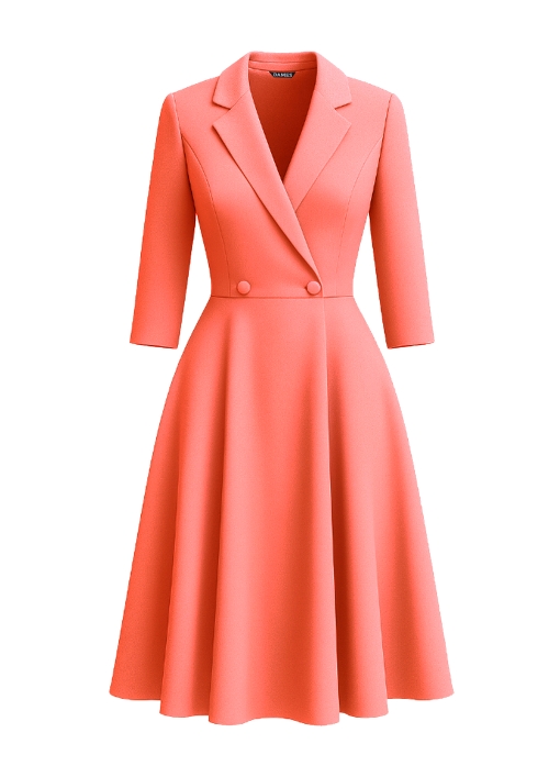 Rochie eleganta corai neon tip pardesiu petrecuta cu buzunare