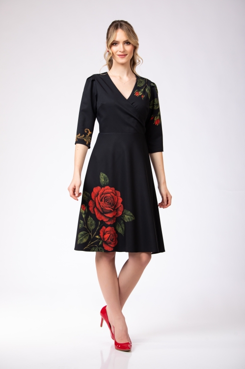 Rochie eleganta cu bust petrecut imprimata Noir Rose - Img 2