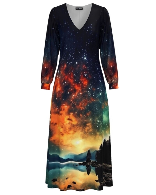 Rochie eleganta cu maneca lunga imprimata Aurora Boreala