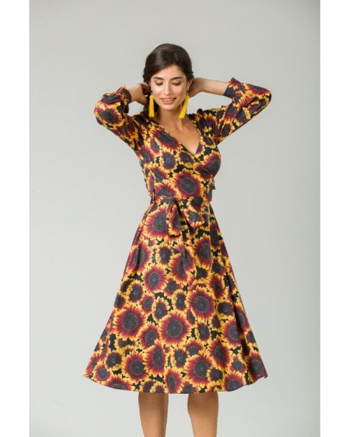 Rochie eleganta cu maneca lunga imprimata Floarea soarelui CMD219 - Img 4