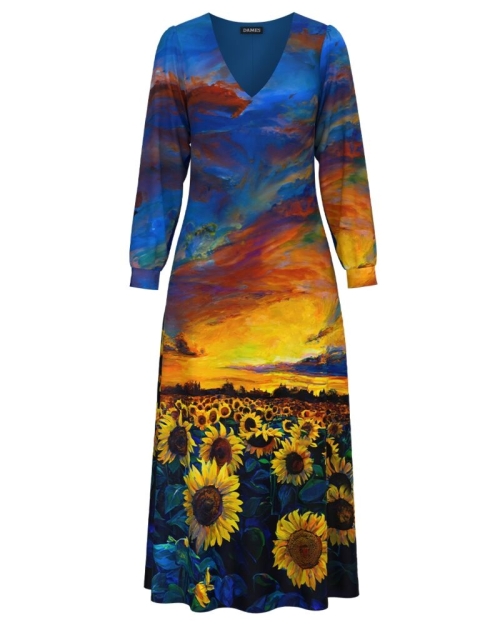 Rochie eleganta cu maneca lunga imprimata Floarea soarelui