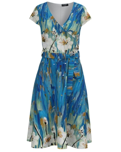 Rochie eleganta de vara albastra cu maneca scurta imprimata floral