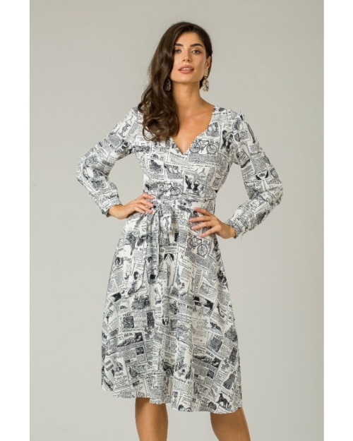 Rochie eleganta imprimata Ziar cu maneca lunga CMD218 - Img 1