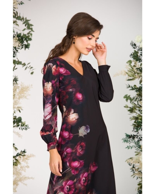 Rochie eleganta neagra cu maneca lunga si imprimeu Floral CMD1401 - Img 4