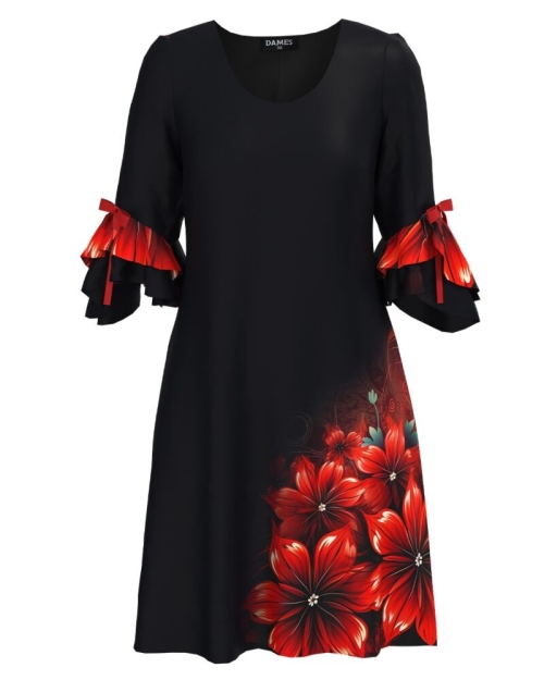 Rochie eleganta neagra cu un imprimeu floral si maneci trei sferturi cu volane CMD5002