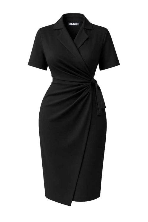 Rochie eleganta neagra parte peste parte cu maneca scurta