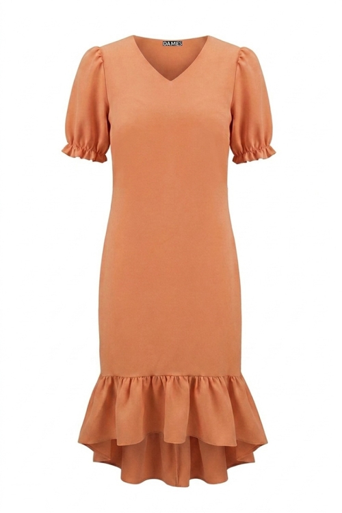 Rochie eleganta oranj cu volan asimetric la terminatie