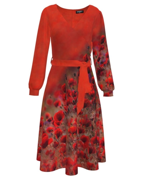 Rochie eleganta rosu corai imprimata cu model Maci