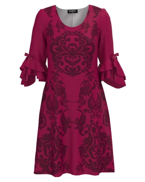 Rochie eleganta Viva Magenta imprimata floral si maneci trei sferturi cu volane