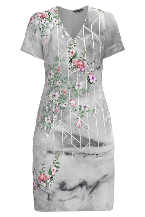 Rochie gri casual cu decolteu in V imprimata Floral CMD4423 - Img 2
