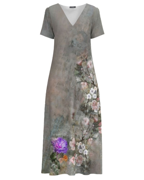 Rochie gri de vara lunga cu buzunare imprimata floral