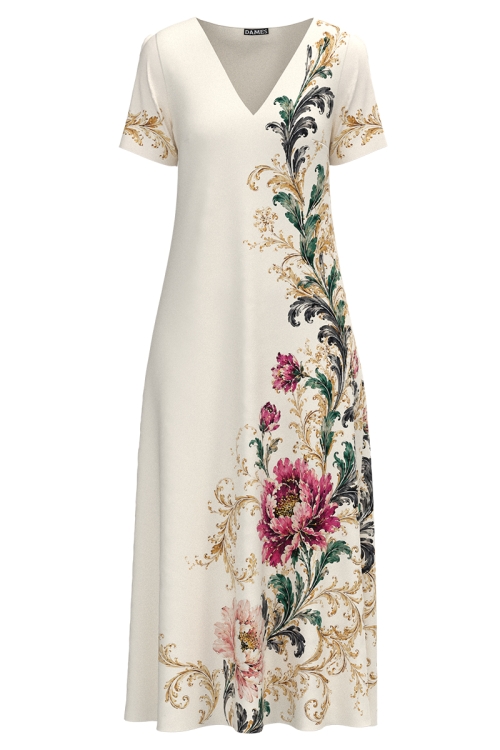 Rochie ivory de vara lunga cu buzunare imprimata Bujor Imperial